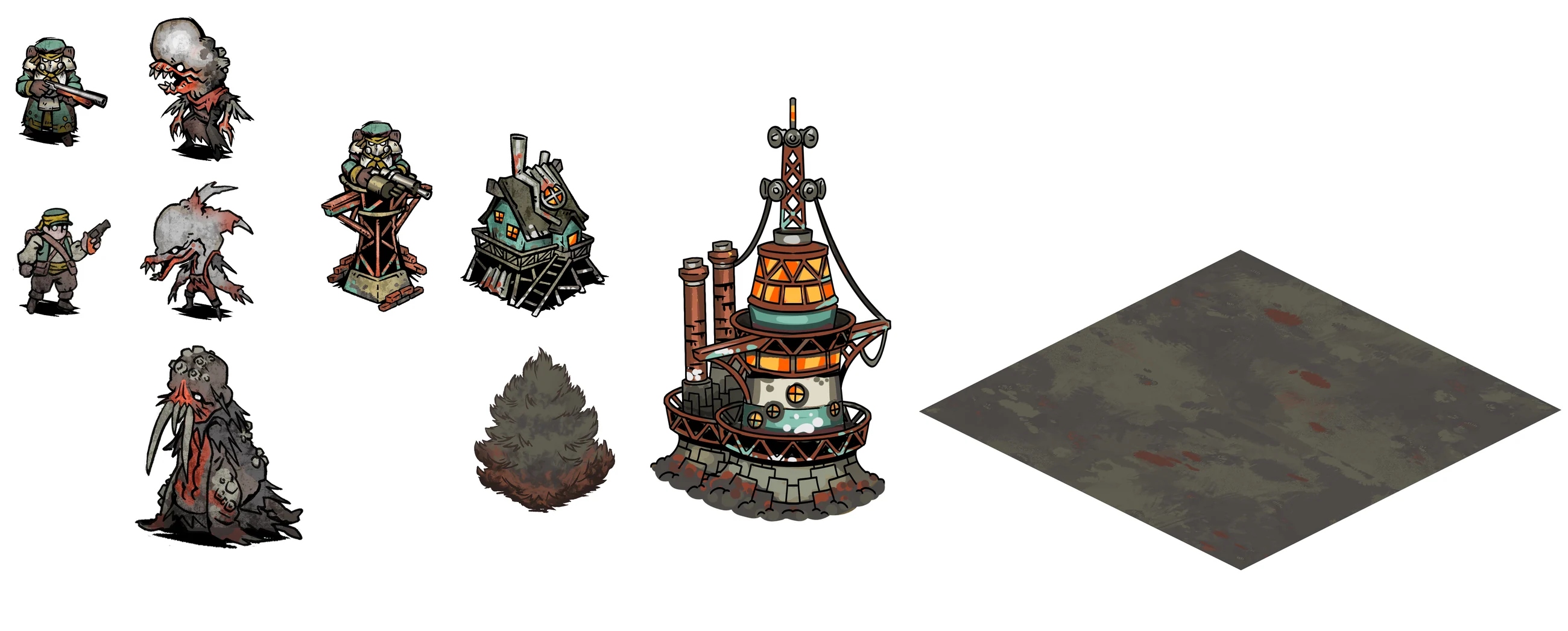 Early designs for Brackish Rising units, enemies, buildings and terrain