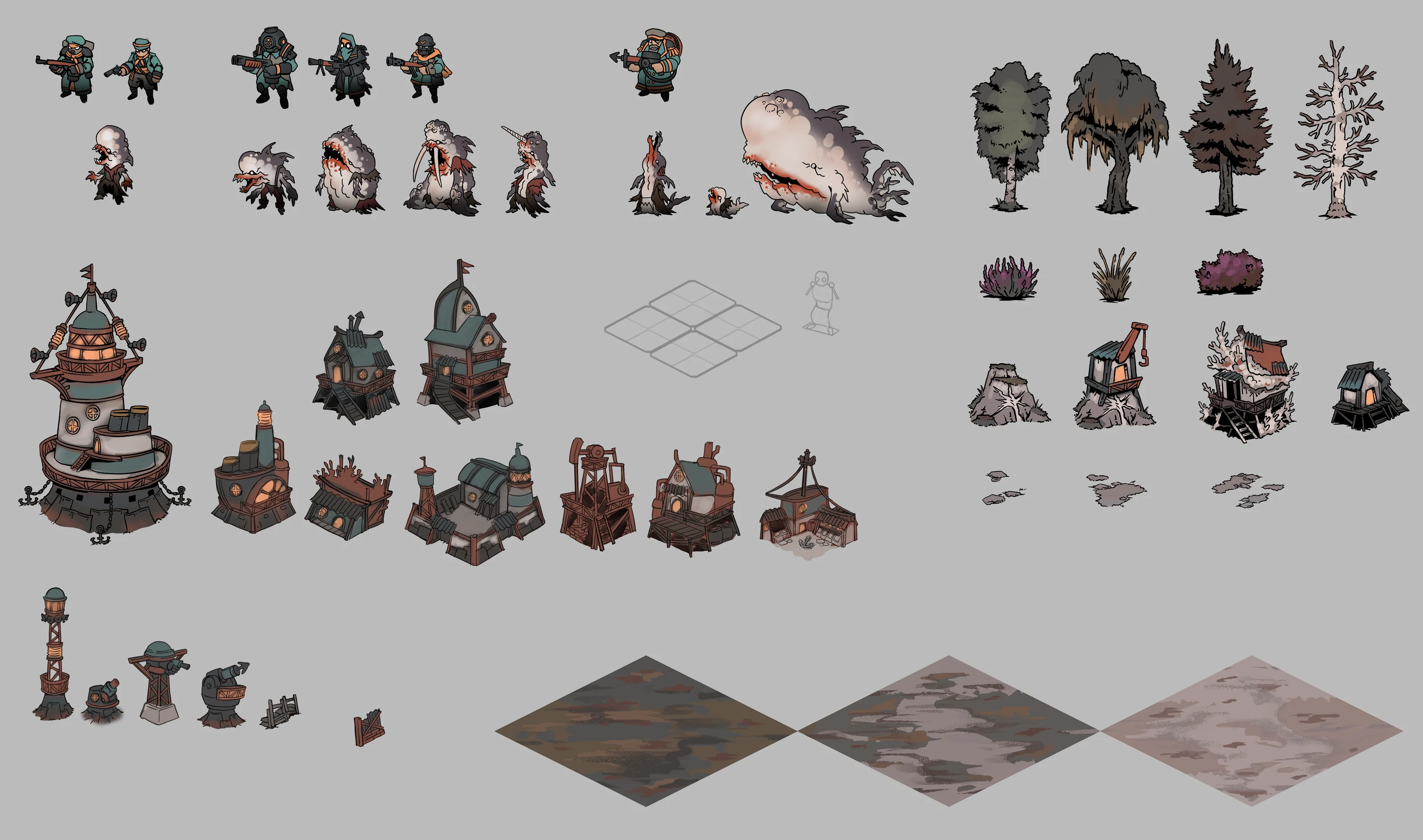 Brackish Rising production design sheet showing units, enemies, buildings and environments
