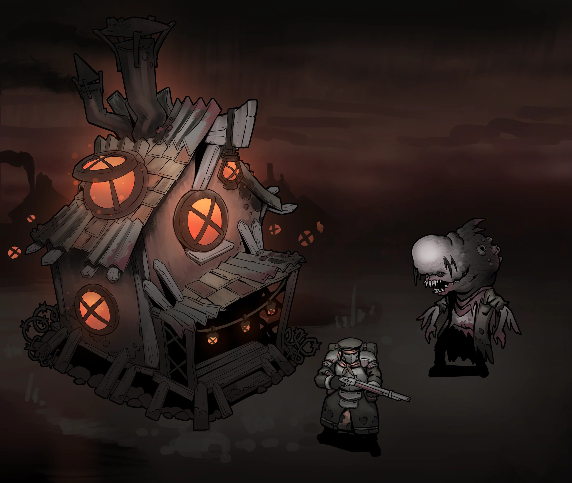 Original Brackish Rising concept art with a ruined house, rifleman and infected creature
